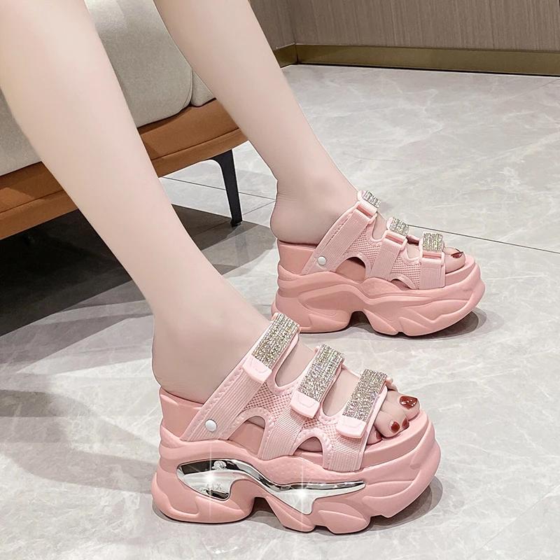 10cm Wedge Heels Slippers for Women 2025 New Summer High Platform Sandals Woman Thick Bottom Non Slip Black Beach Flip Flops