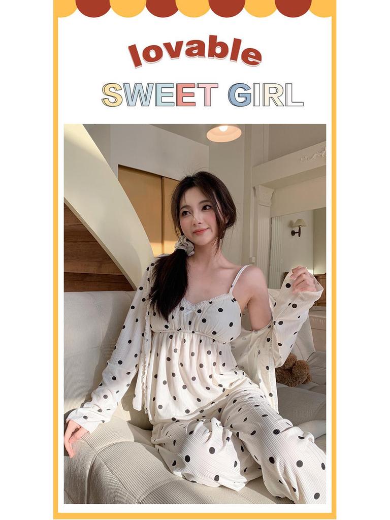 Women's Cross-Border Pajama Set: Spring/Autumn Polka Dot Cardigan & Suspender with Chest Pads, Korean Style, Pure Desire, 3-Piece Home Wear.