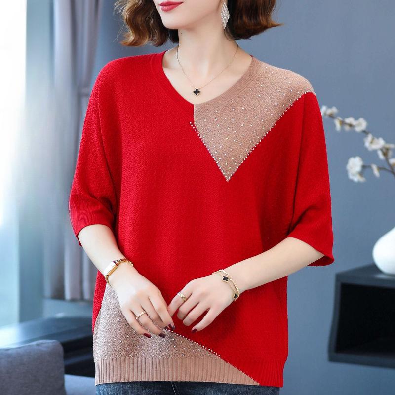 Women's Spring and Summer Plus Size V-neck Blouse Loose Ice Silk Bat Sweater T-shirt Women