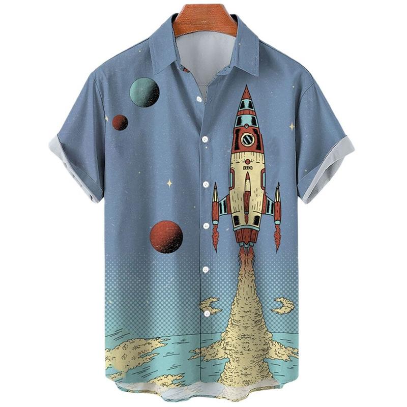 Men Clothing Hawaiian Vacation Beach Shirt Lapel Blouse Summer Casual Clothes Tops Chemise