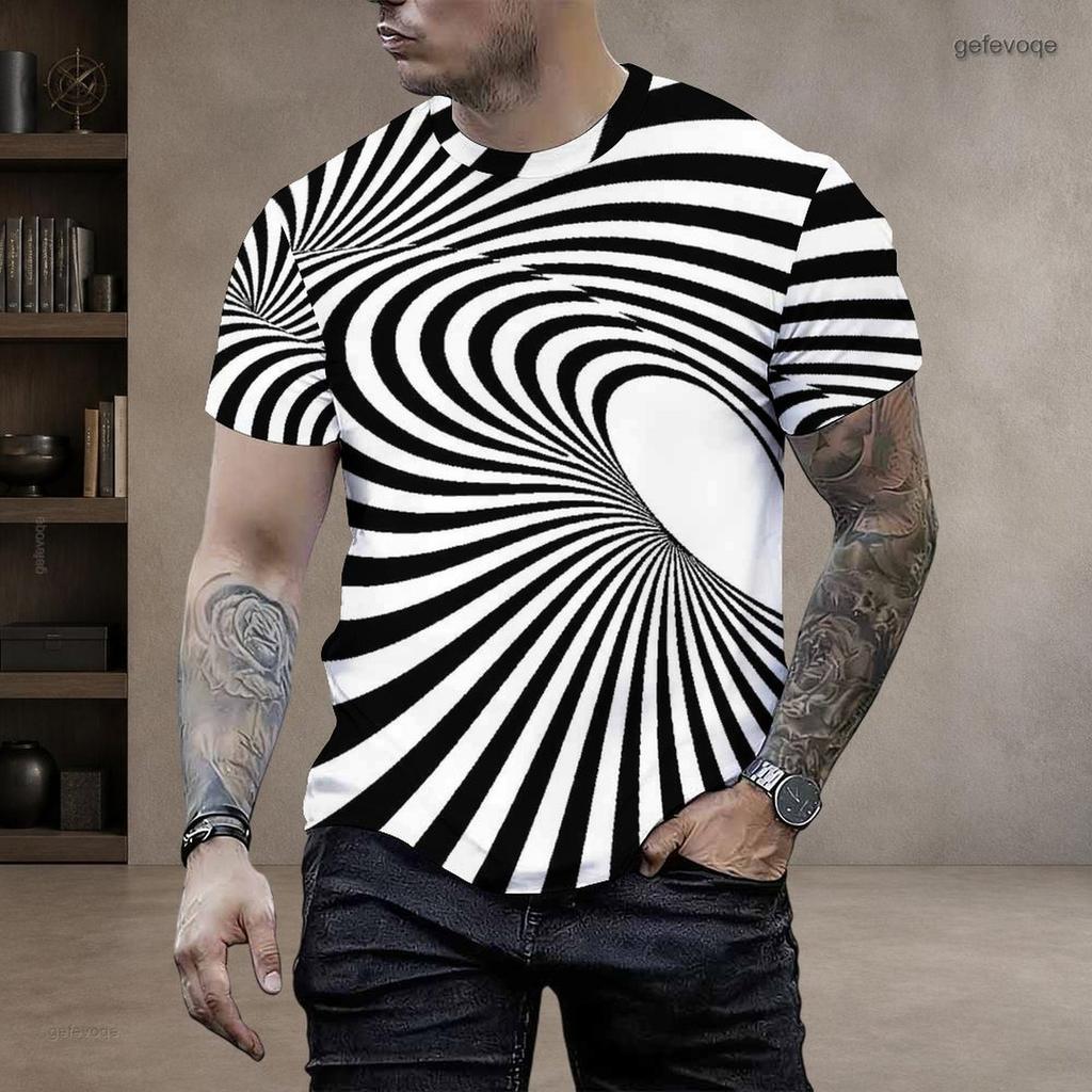 Men Plus Size Round Neck Short Sleeve T Shirt Black White Swirl Stripe Printed Pullover Straight Hem