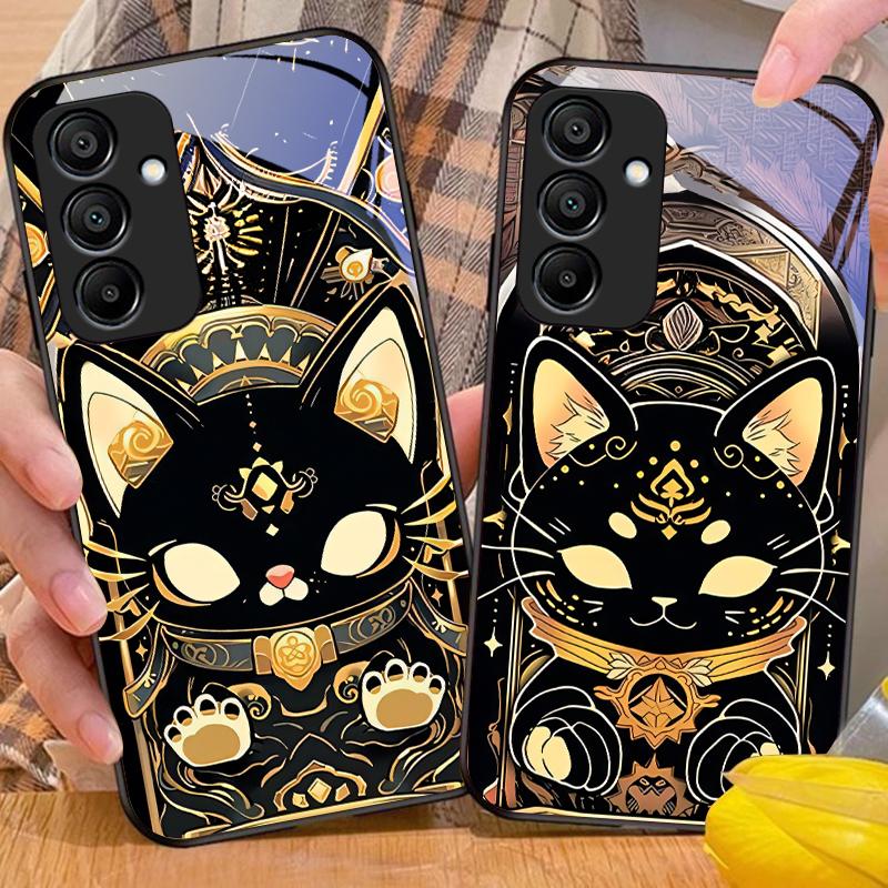 Black Gold Cat For Samsung Galaxy A15 5G 54 4G 51 50 24 35 90 71 12 51 53 52S 80 22 34 Black Tempered Glass Phone Case