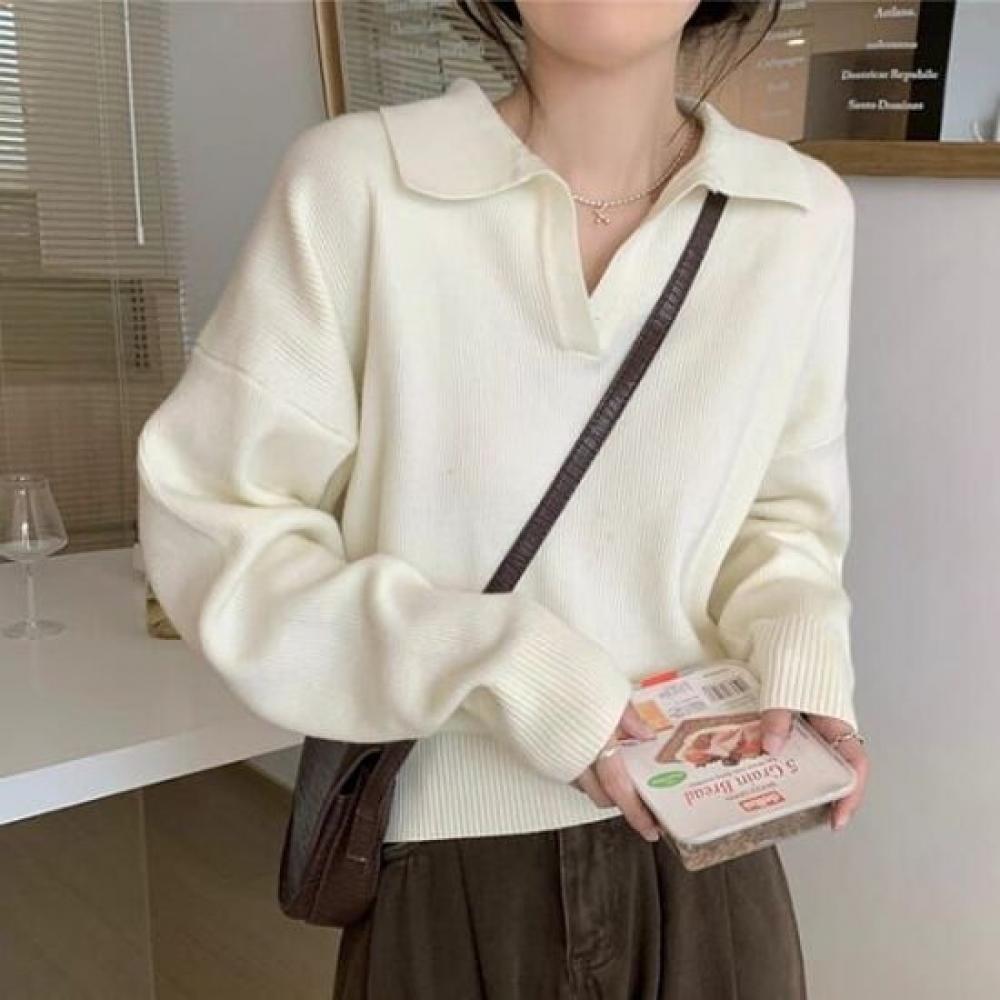 Navava Women Basic Ribbed Collar Long Sleeve Knit Tee Nk3227