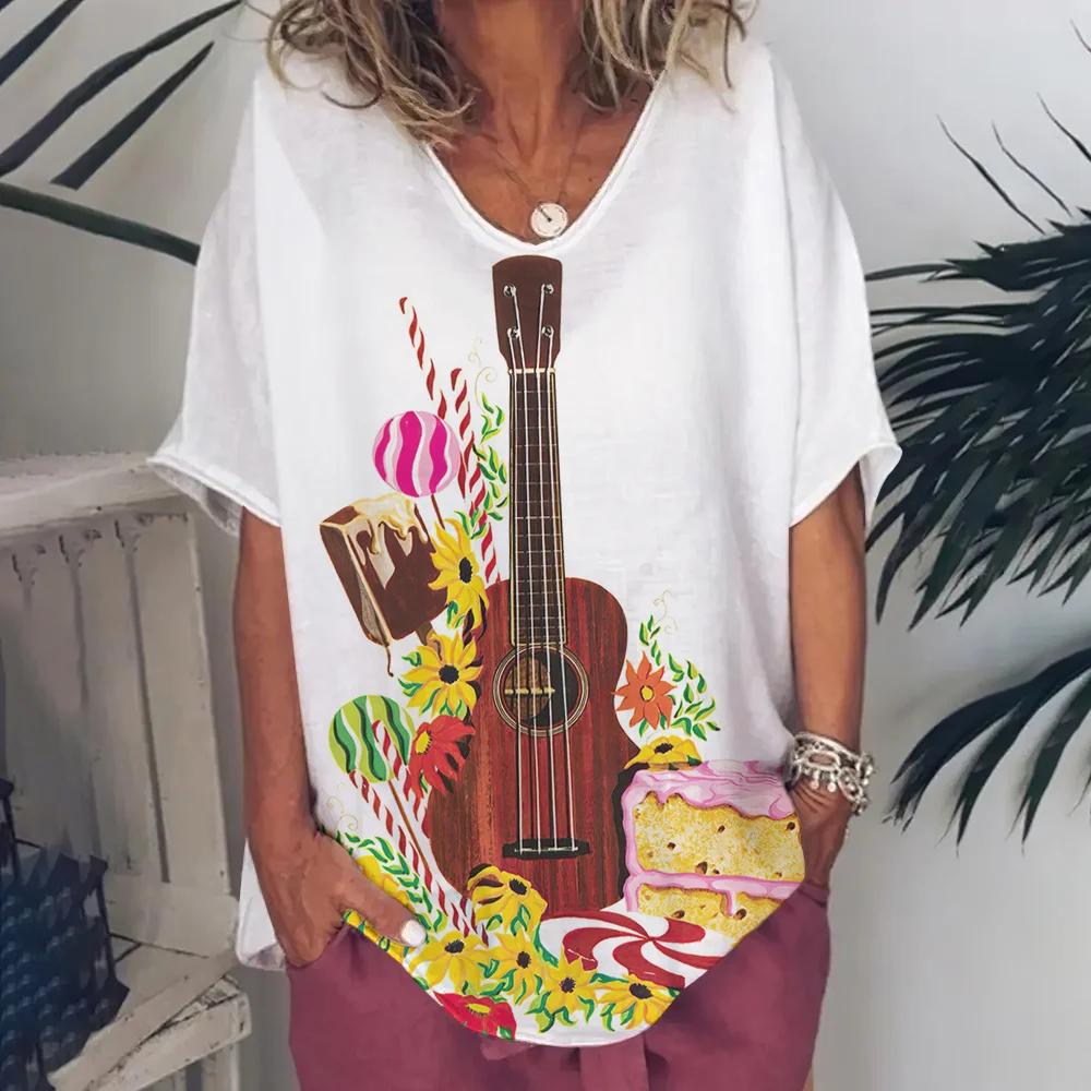 Ρούχα Γυναικεία με Λαιμόκοψη V Oversized Ρούχα Γυναικεία Κοντομάνικα Καλοκαίρι Ρετρό Μπλουζάκι Μόδες Βιολιά Μπλουζάκι με Εκτύπωση Streetwear