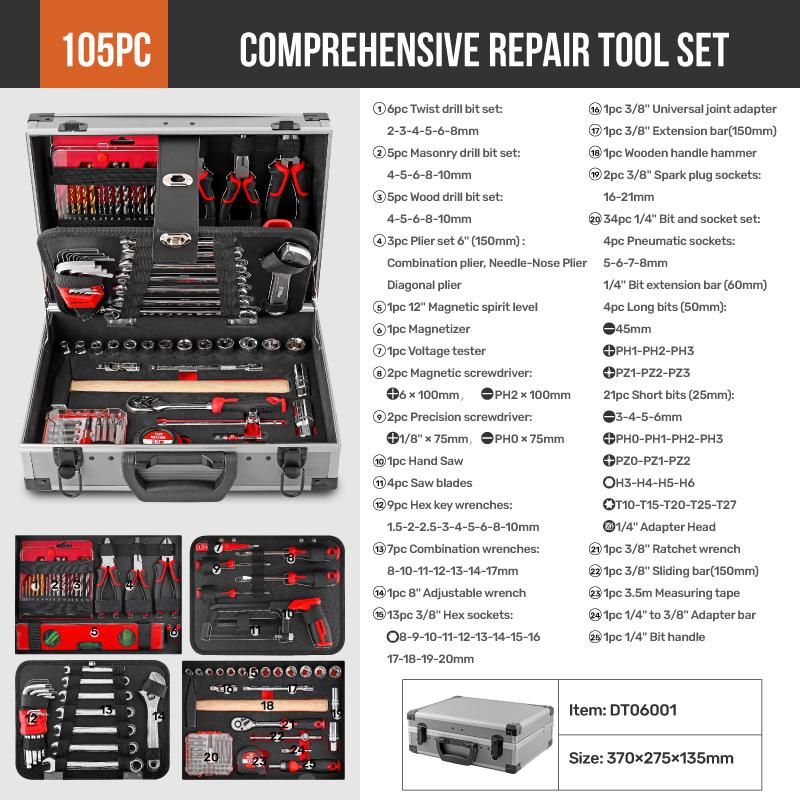 Hi-Spec Professional 91pcs Tools Set with Aluminum Case Socket Wrench Repair Tool Set of High-grade CR-V General Hand Tools Set