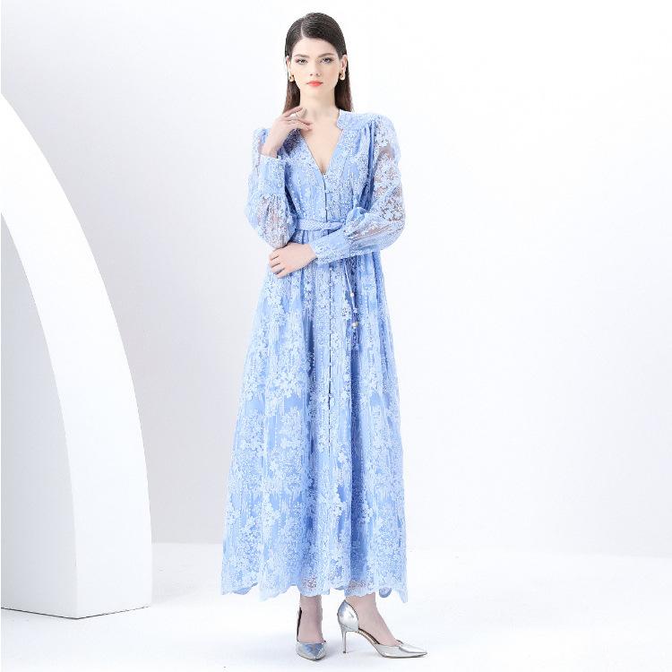Women's V Neck Long Sleeve Maxi Dress Slim Fit High Waist Elegant Lace A Line Dress