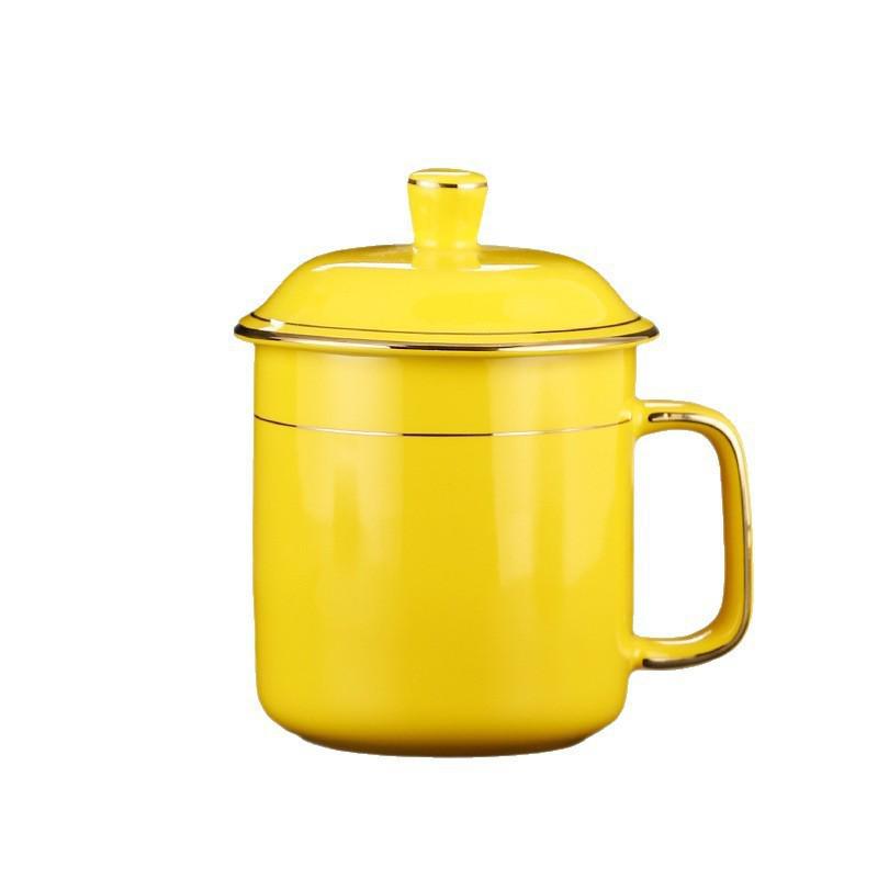 Hotel Guesthouse Ceramic Tea Cup with Lid and Gold Rim - White Conference & Office Cup for Business Reception