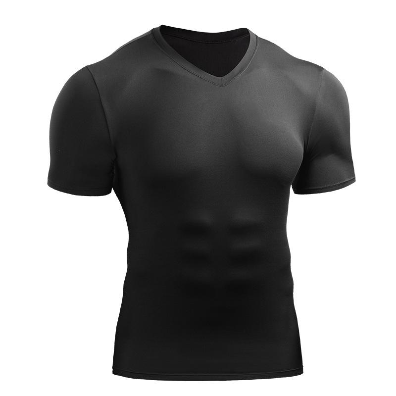 Мужские футболки Облегающие тренировочные С V-образным вырезом Спортивная одежда Фитнес одежда Беговые дышащие быстросохнущие компрессионные с коротким рукавом Топы M L XL XXL 3XL M чёрный 1509₽