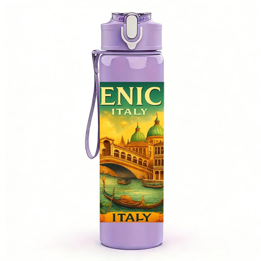 1PC Vintage Venice Travel Poster 750ml Color Plastic Sports Water Bottle Leakproof Flip Straw Lid For Sports Office Home Use