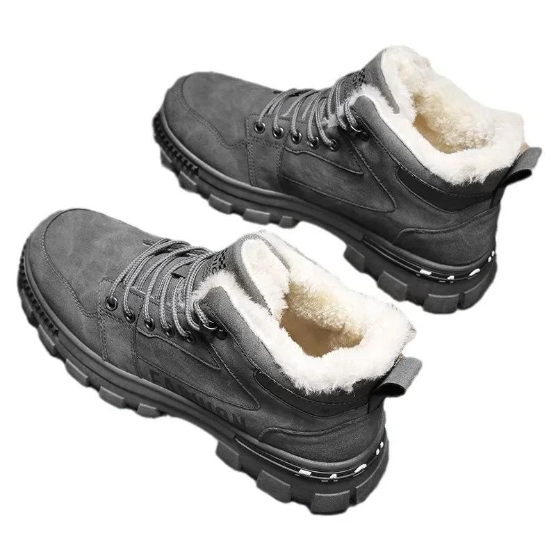 Botas de nieve para hombre, de invierno, antideslizantes, de felpa, para interiores, cálidas, a prueba de frío, botas de nieve de plataforma alta con cordones, botas de trabajo deportivas para exteriores