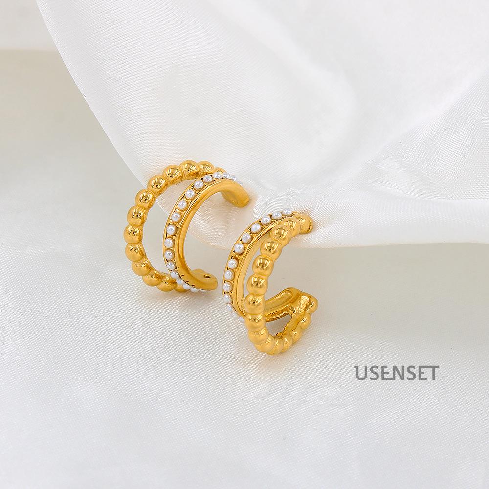 Elegant Double Layer Pearl C-Shaped Stainless Steel Hoops