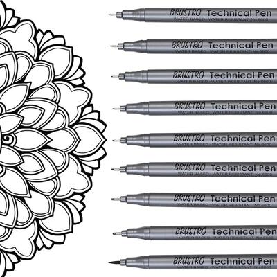 BRUSTRO Technical Fineliner & Brush Pen Set of 9 |Black| Tip Sizes - 0.05,0.1,0.2,0.3,0.4,0.5,0.6,0.8 Mm| Waterproof, Id