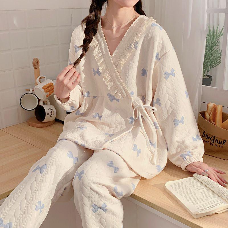 Plus Size Maternity Kimono Pajamas - Autumn/Winter Cotton for Postpartum & Breastfeeding