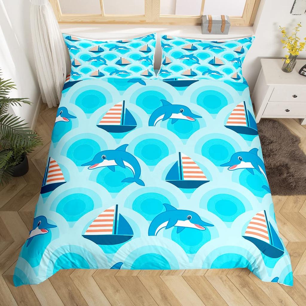 Sailing Boat Duvet Cover,Romantic City Sunset View Bedding Set,Colorful Boat Comforter Cover Valentine's Day Theme Quilt Cover
