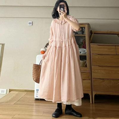 Japanese Ruffle Neck Dress Women Summer Mori Women Loose Casual Simple Solid Color Dresses