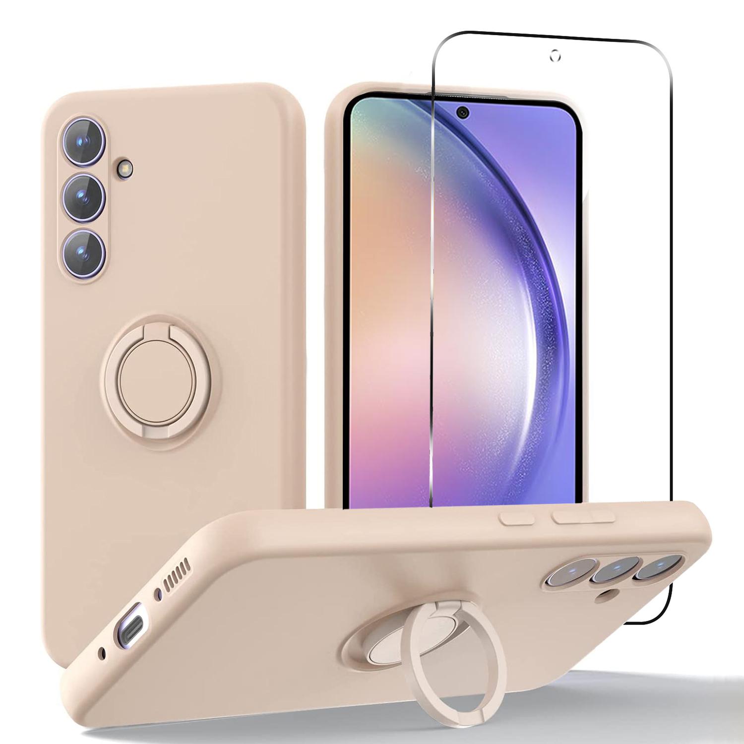 

For Samsung Galaxy A54 5G Kickstand Liquid Silicone Phone Case with 2.5D Arc Edge Tempered Glass Screen Film Pink