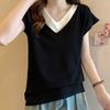 Women Sweaters Pullovers 2025 Summer Short Sleeve V-Neck Spliced Black Knitted Sweater Women Tops Pullover JJ231