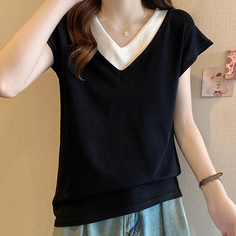 Women Sweaters Pullovers 2025 Summer Short Sleeve V-Neck Spliced Black Knitted Sweater Women Tops Pullover JJ231