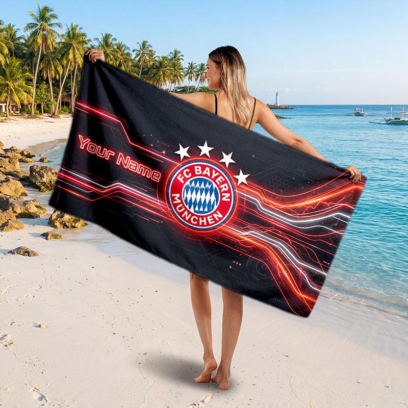 FC Bayern München Benutzerdefiniertes Strandtuch, Personalisierter Namens-Textdruck, Fußball-Logo Weiches Schnelltrocknendes Handtuch Urlaubsgeschenk