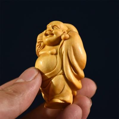 Sculture di Buddha, Intaglio in Legno Miniatura da 2,36" Sacchetto di Stoffa Statua di Buddha Maitreya Ciondolo, Per Ufficio Decorazione Casa, Regali di Festa