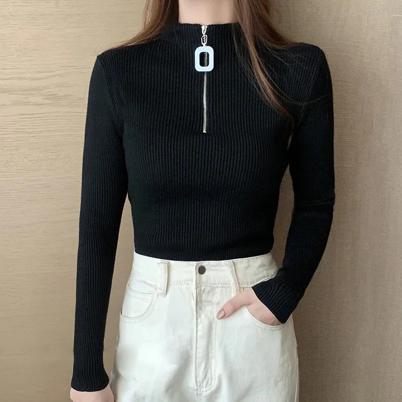 

Женские трикотажные топы, однотонные свободные модели, модные полувысокие воротники на молнии, утолщенные свитера на осень-зиму 28247 One Size чёрный