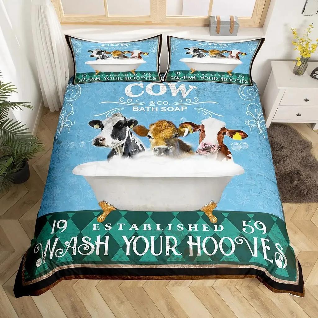 Krowy Zestaw Poszewki na Kołdrę Rozmiar Pełny Nadruk Krowy Mlecznej Poszwa na Kołdrę Motyw Zwierząt Gospodarskich Zestaw Pościeli Dekoracja Pokoju,Kwadratowa Poszwa na Kołdrę