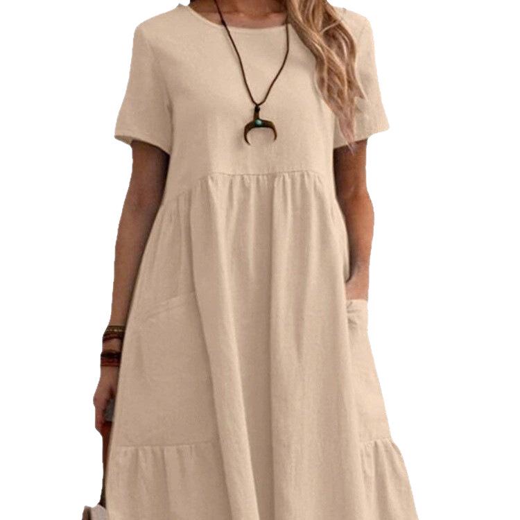 2025 Summer Retro Loose Pocket Solid Color Round Neck Women's Cotton Linen Dress
