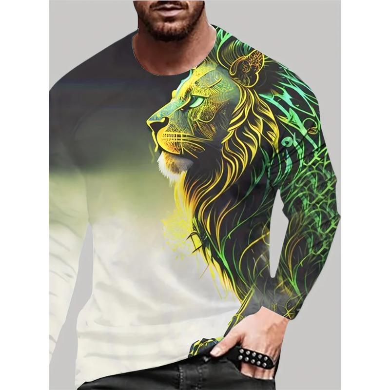 Spring and Autumn Round Neck 3D Lion Pattern Printed Top Fashionable Casual Long Sleeved Men's T-shirts