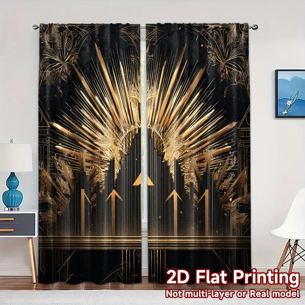 

Set Of 2 Modern Flat Printing Curtains Without Rod Golden Radiance Print Polyester Easy Install Art Deco Curtain Made W100*H70(CM)-Rod Pocket&2PCS