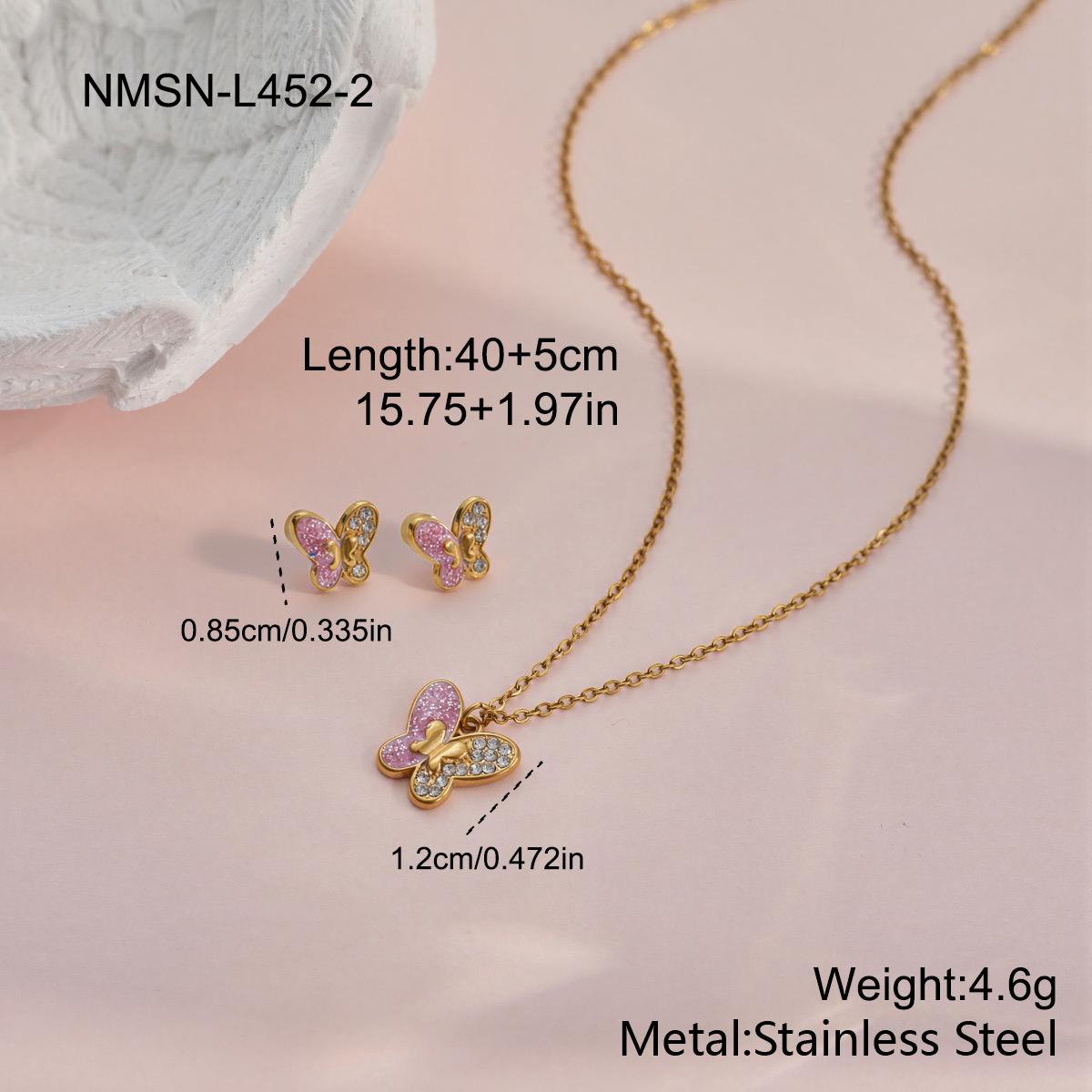 GEMCHIC Women s Stainless Steel Butterfly Pink Diamond Earring and Necklace Set with Gradient Enamel