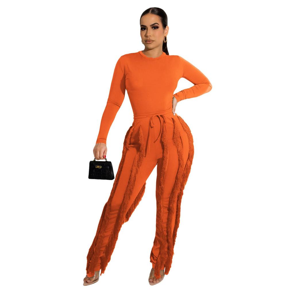European and American Women's Tassel Lace Jumpsuit Set - Solid Color Sportswear, Autumn/Winter