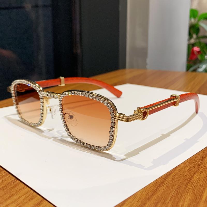 

New Small Box Exquisite Diamond Inlaid Sunglasses Vintage Personalized Sunglasses Wood Grain Sunglasses Leg Sunglasses 98106-1