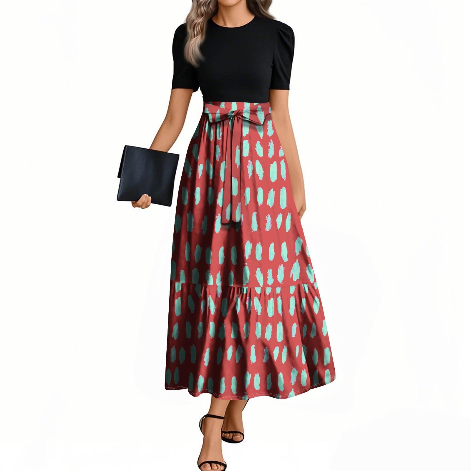 

Women s Fashion Casual Belted Short Sleeve Round Neck Geometric Splicing Elegant Temperament Dresses L чорний