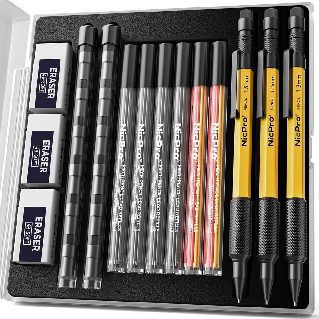 Nicpro 3 PCS 1.3 mm Orange Mechanical Pencils Set with 66 Lead Refill, 3 Eraser - Weatherproof Metal Barrel, Heavy Duty Carpenter Pencil MP2000 for