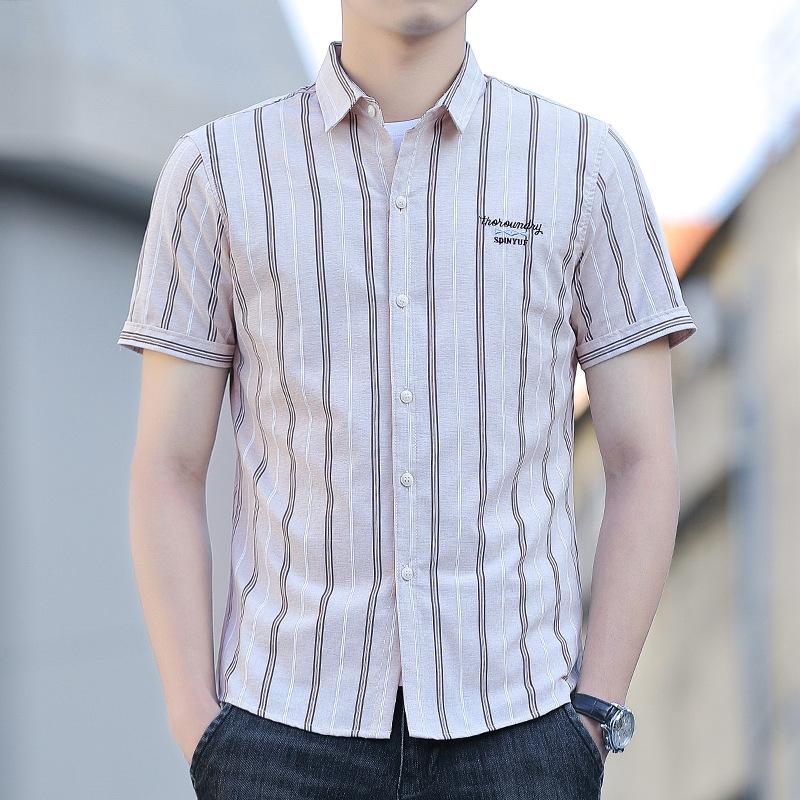 Summer New Men s Short-sleeved Shirt Korean Version of the Trend of Simple Simple Slim Striped Casual Handsome Shirt Men s Clothing M хаки