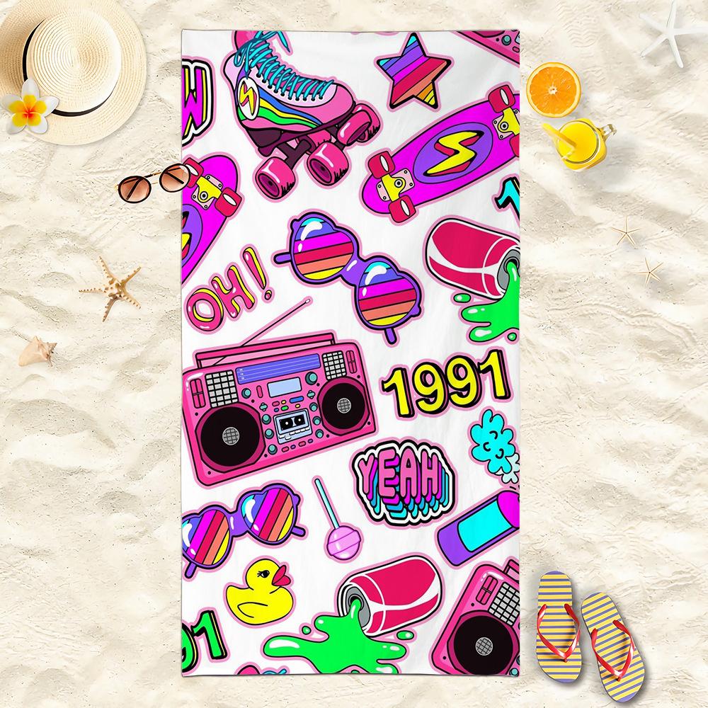 Retro 80s Beach Towel Pink Sneaker Popsicle Print Microfiber Quick Dry Bath Towel for Beach Pool Travel Gym