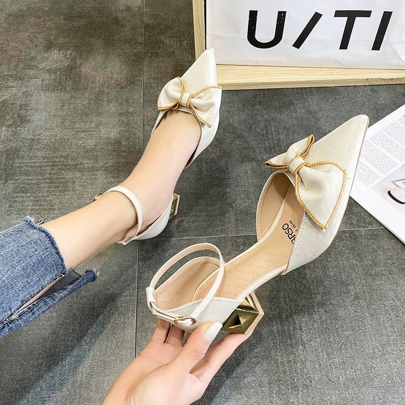 Fashion Women's Coarse Heel Sandals Pointy Toe Shallow Mouth Butterfly Knot Line with Non-slip Wear-resistant High Heels
