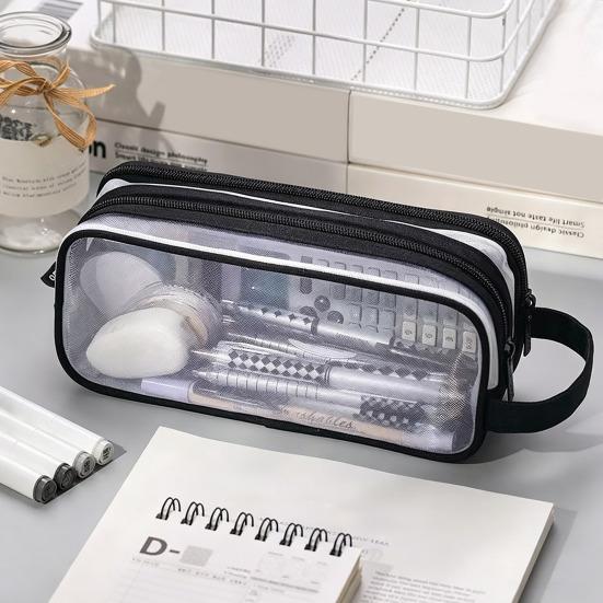 Transparent Mesh Pencil Case Large Capacity Double Layer Pen Bag for Students Lightweight Stationery Pouch for School Office Exams