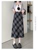 Plus Size Korean-Style Plaid Wool Skirt with Belt for Women
