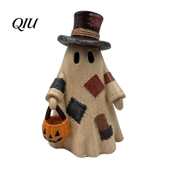 Seasonal Farmhouse Style Crafts Lighted Patchwork Ghost Resin Figurine with Pumpkin Lantern, Rustic Halloween Whimsical Autumn Home Accents