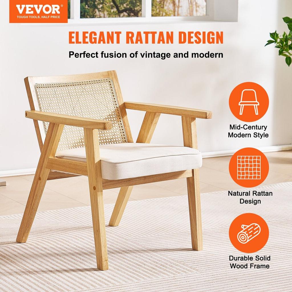 Rattan Chair, Mid Century Modern Dining Chair with Armrest, Upholstered Chair with Rattan Back, Retro Rattan Dining Room Kitchen Chair for Living