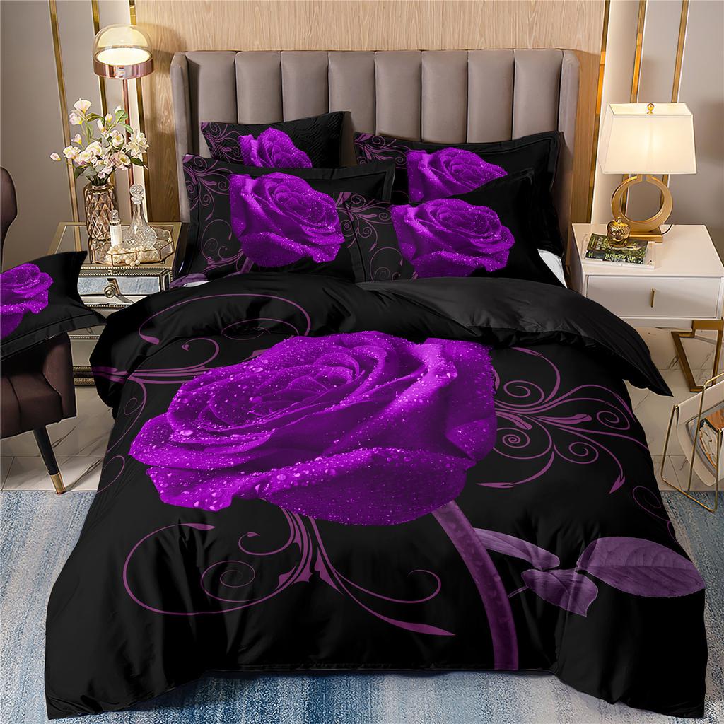 Three-Piece Rose Floral Style 3D Printed Quilt Cover Home Textile Bedding Kit