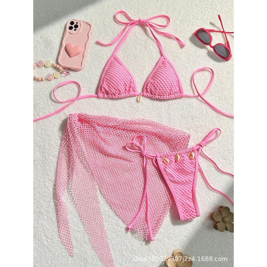 Women's Three Piece Bikini Swimsuit Set with Mesh Cover up CLE