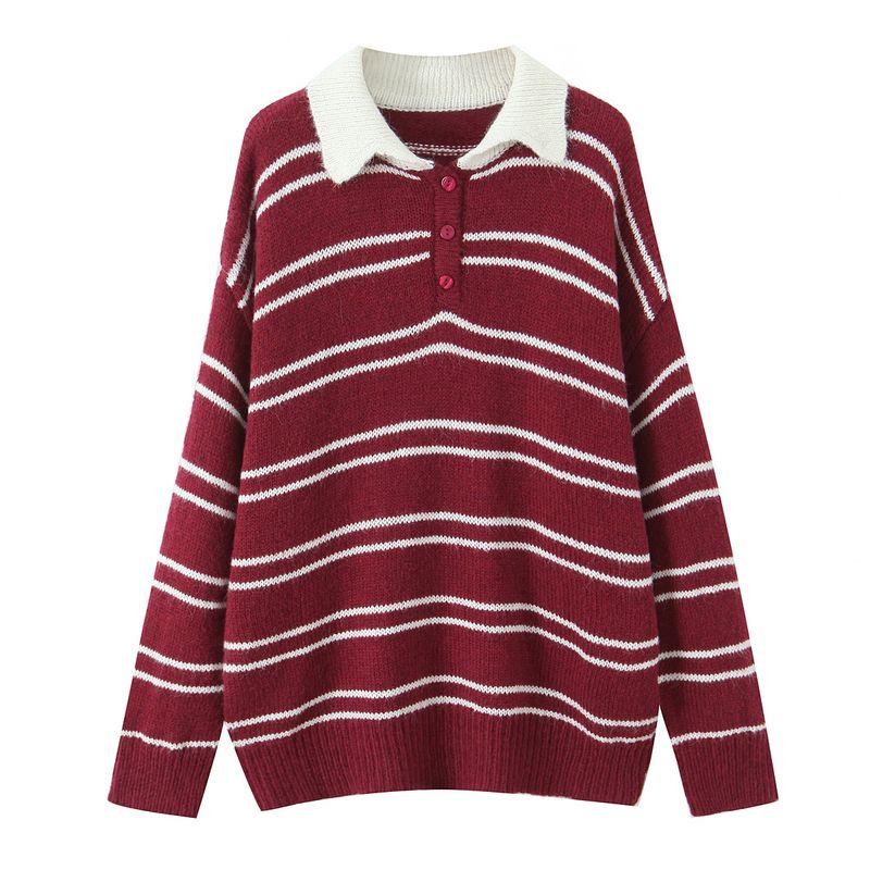 Retro Tone American Style Lazy Feeling Loose Contrast Color Stripe Pullover Versatile Sweater Preppy Knit Top