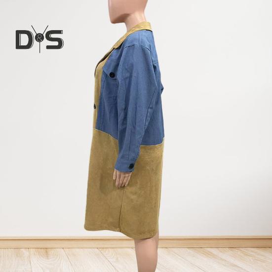 Dámské Jaro Podzim Kabát Džínová bunda Kabát Patchwork Dvouřadý s kapsami s klopou Colorblock Dámský kabát střední délky