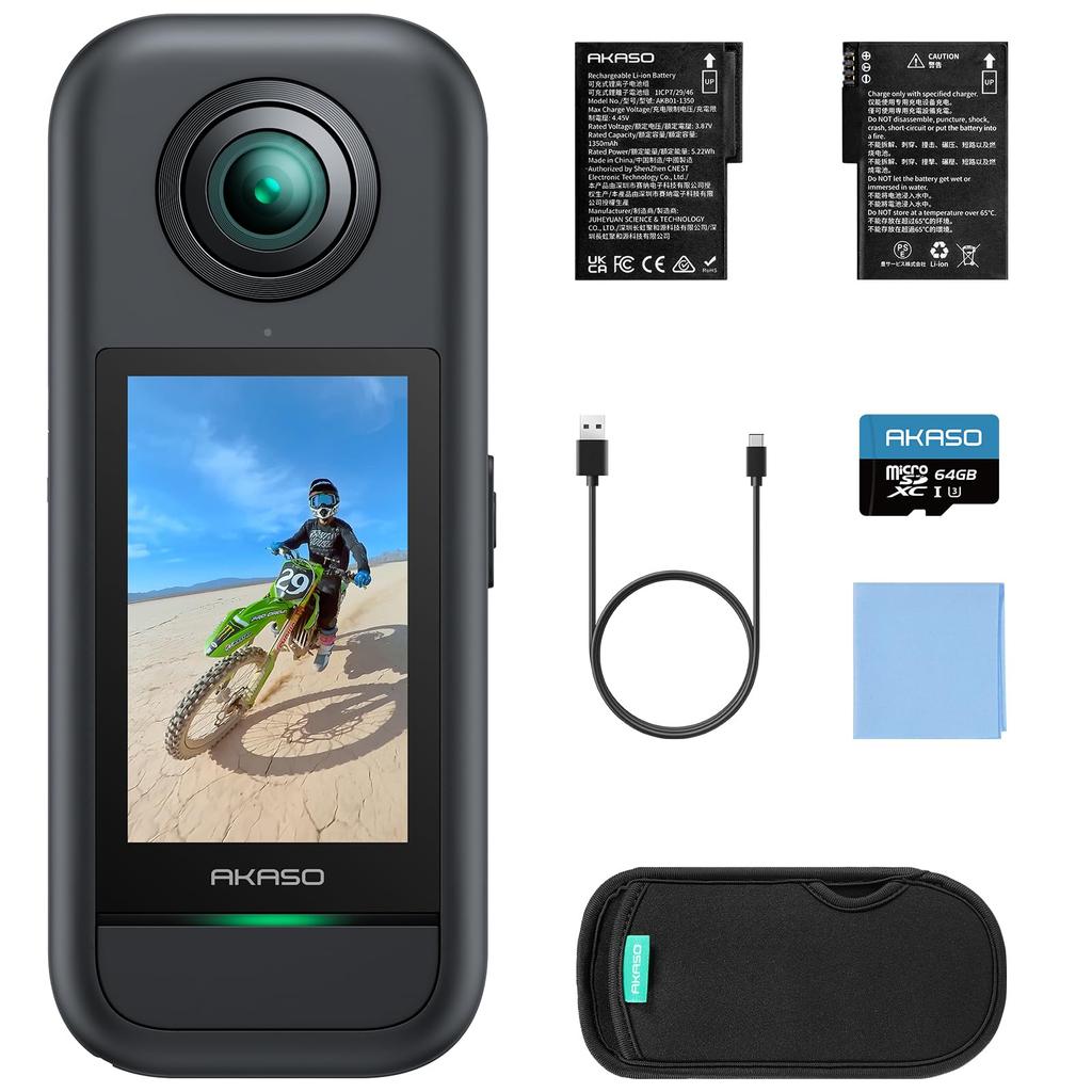 AKASO 360 Action Camera with 64GB SD Card 72MP New 48MP Level Super Smooth AI Invisible Selfie Stick Long Recording Time - 5.7K 360° Video, 360°