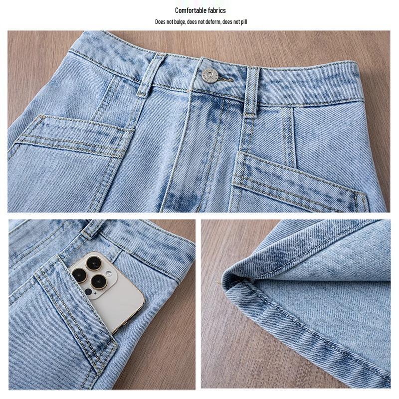 Summer 2025 Light Blue A-Line Denim Midi Skirt for Women - Slimming, Loose Fit, Hip-Covering, Midi Length, Wide Hem