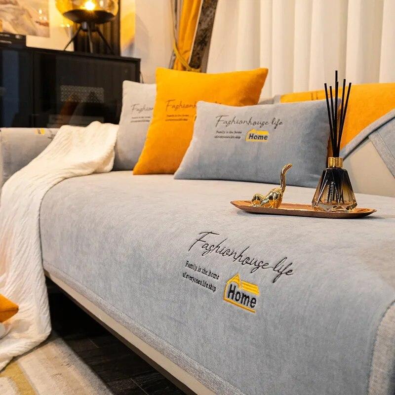 

Нескользящая подушка для дивана, чехол для дивана из синели, чехол для дивана с вышивкой и буквами, универсальный однотонный пыленепроницаемый чехол для сиденья дивана 70x70cm 1pcs