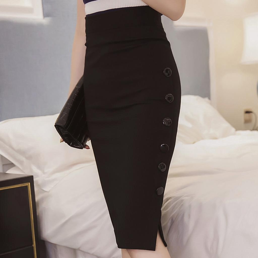 Womens Pencil Skirt Ladies High Waisted Button Split Skirt Multiple Size