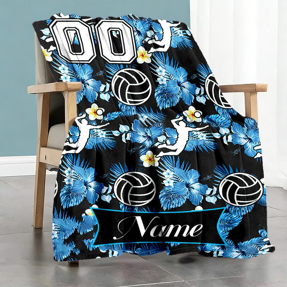 Blue Flower Volleyball Personalized Name Blanket Throw Personalized Blanket Warmthful Decor Suitable for Bedding Office Seaside Sofa